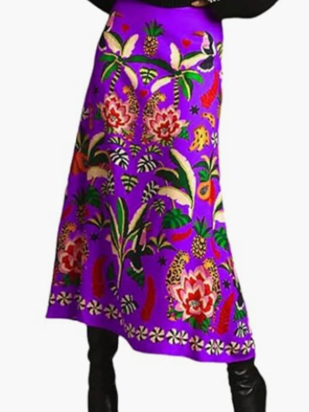 THLAI Womens Skirt Midi Skirt Tropical Plant Print Pink Zipper A-Line Long Skirt